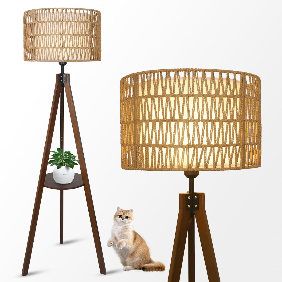 LAMSU Boho Tripod Floor Lamps for Living Room, Rattan Wood Floor Lamp with Fabric Shades, Mid Century Standing Lamp with Shelf, Foot Switch, Modern Farmhouse Tall Lamps for Bedroom Office Brown