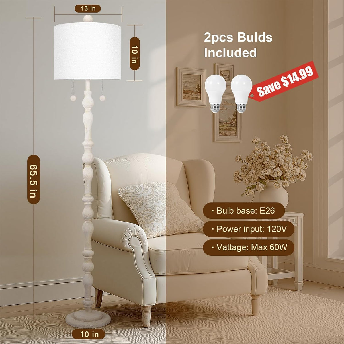 Scenekoy 65.5" Natural Real Wood Boho Floor Lamp for Living Room Bedroom