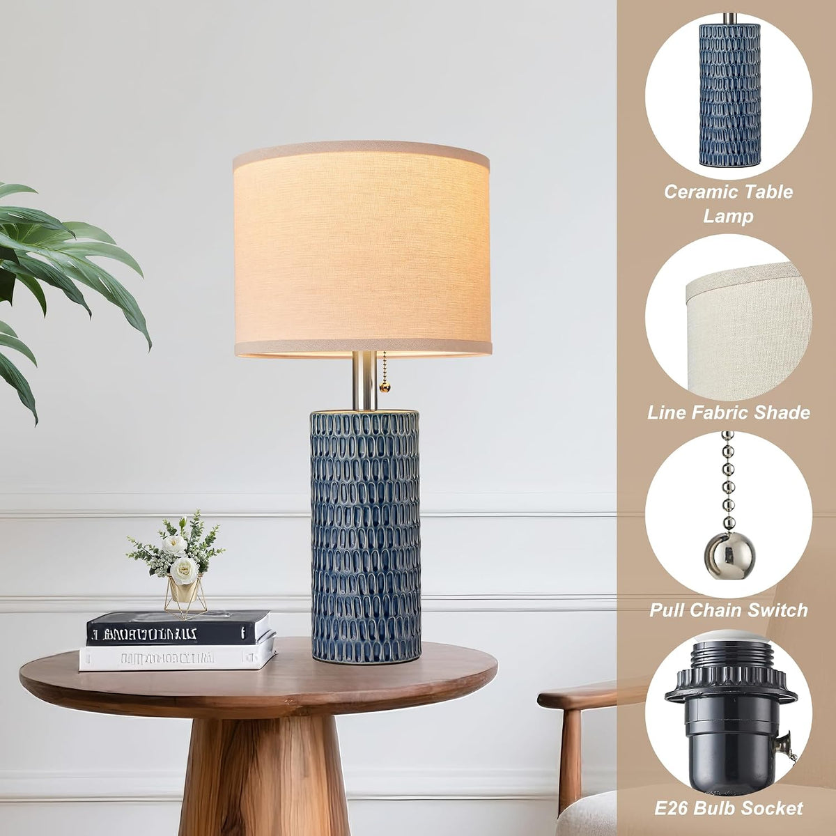 Reaketon 20.5”Modern Ceramic Table Lamps for Bedroom Set of 2, Dark Blue