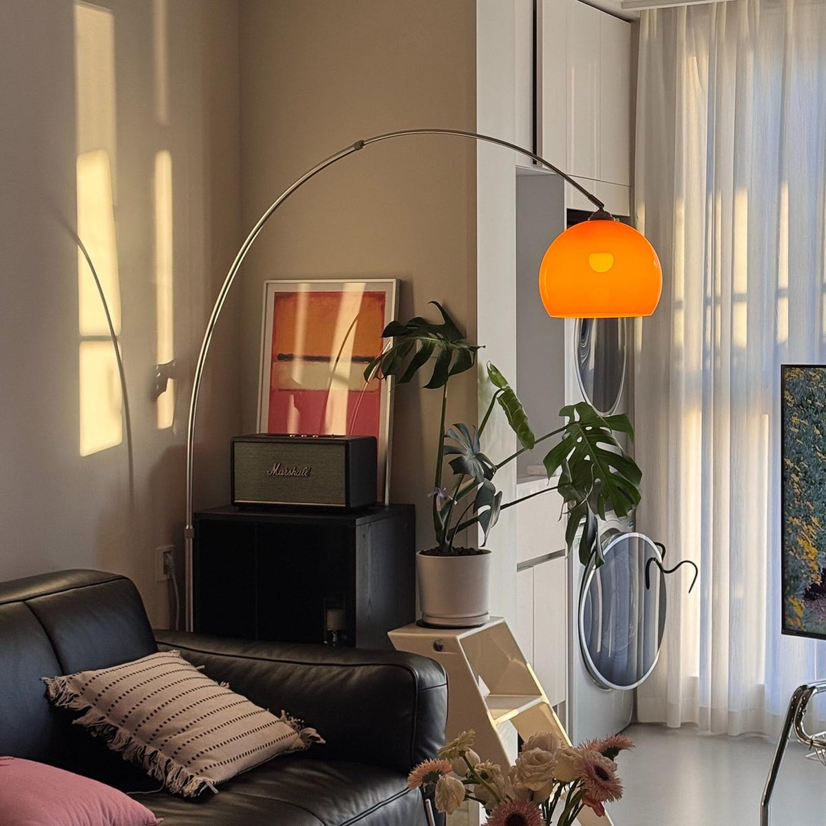 Orange Arc Floor Lamps for Living Room,Mid Century Modern,Marble Base