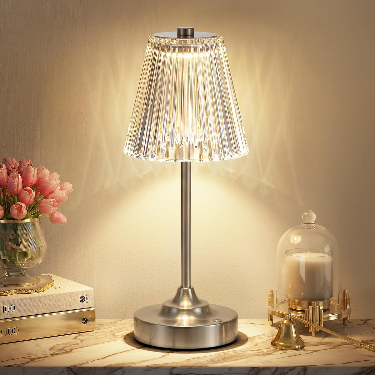 Gold Cordless Rechargeable Table Lamp, Battery Operated, Crystal, Small
