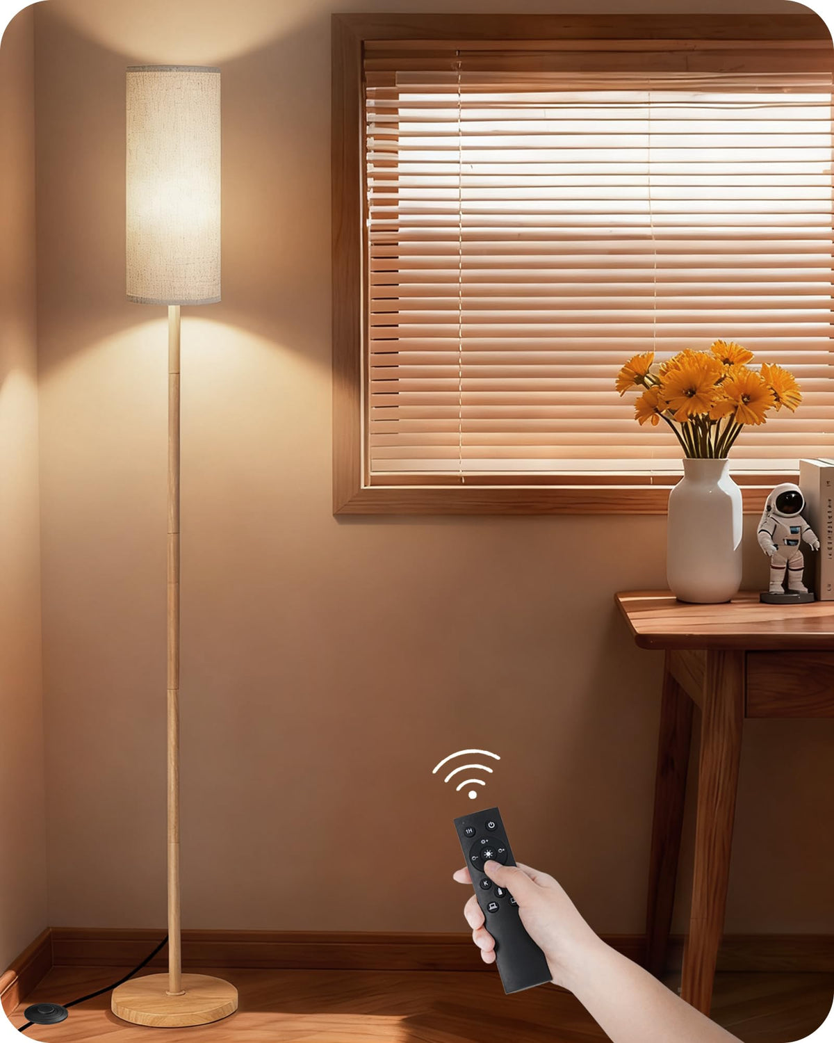 64.4” Slim Floor Lamp for Living Room with Magnetic Remote and Foot Switch, Dimmable Standing Tall Lamp Mood for Bedroom Nursery, 3 Color Temperatures, 1-Hour Timer,900LM Bulb Included,Beige E06LD05W1