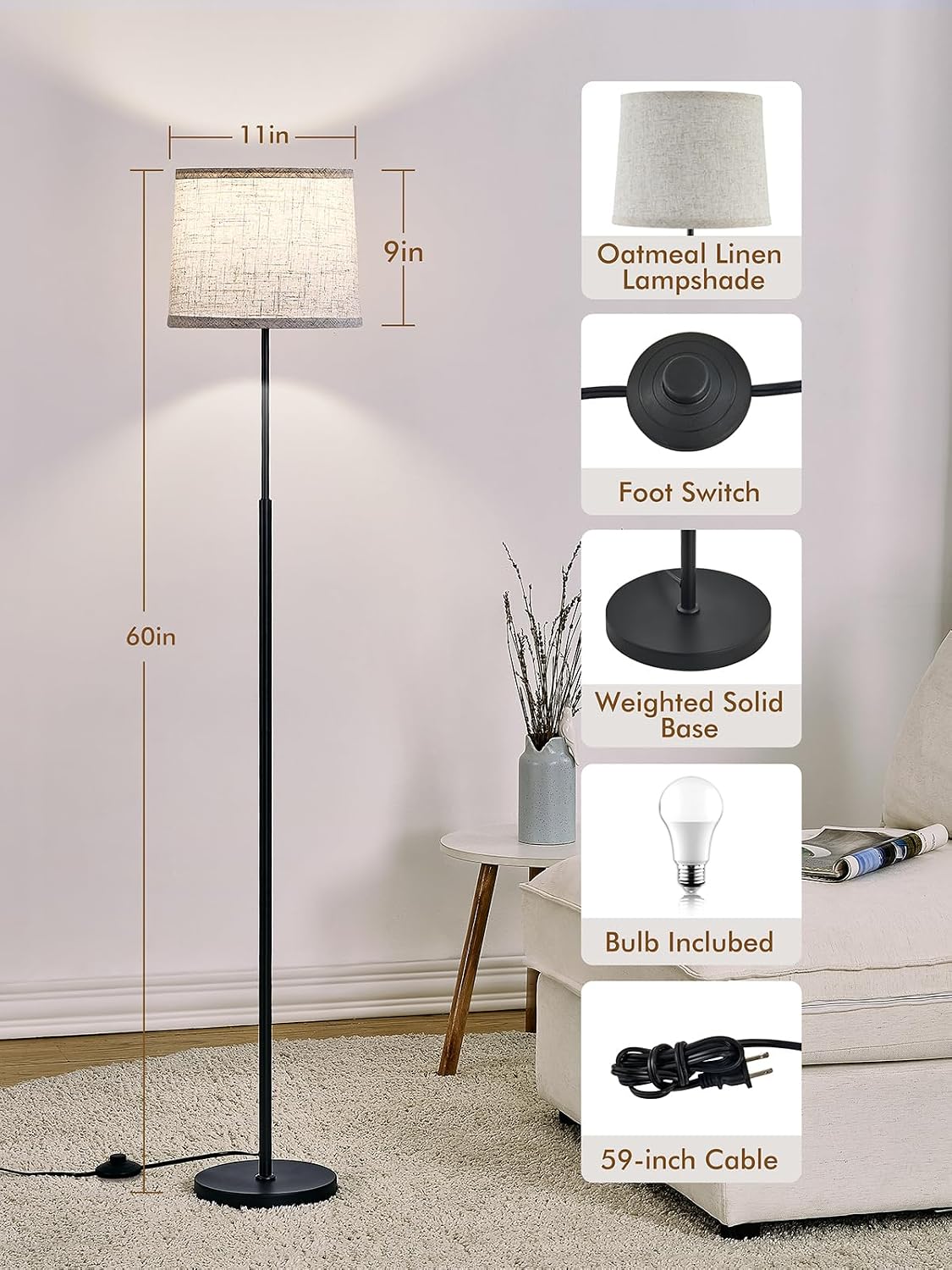 60" Modern Floor Lamp with Linen Shade, 3 Color LED Bulb & Foot Switch
