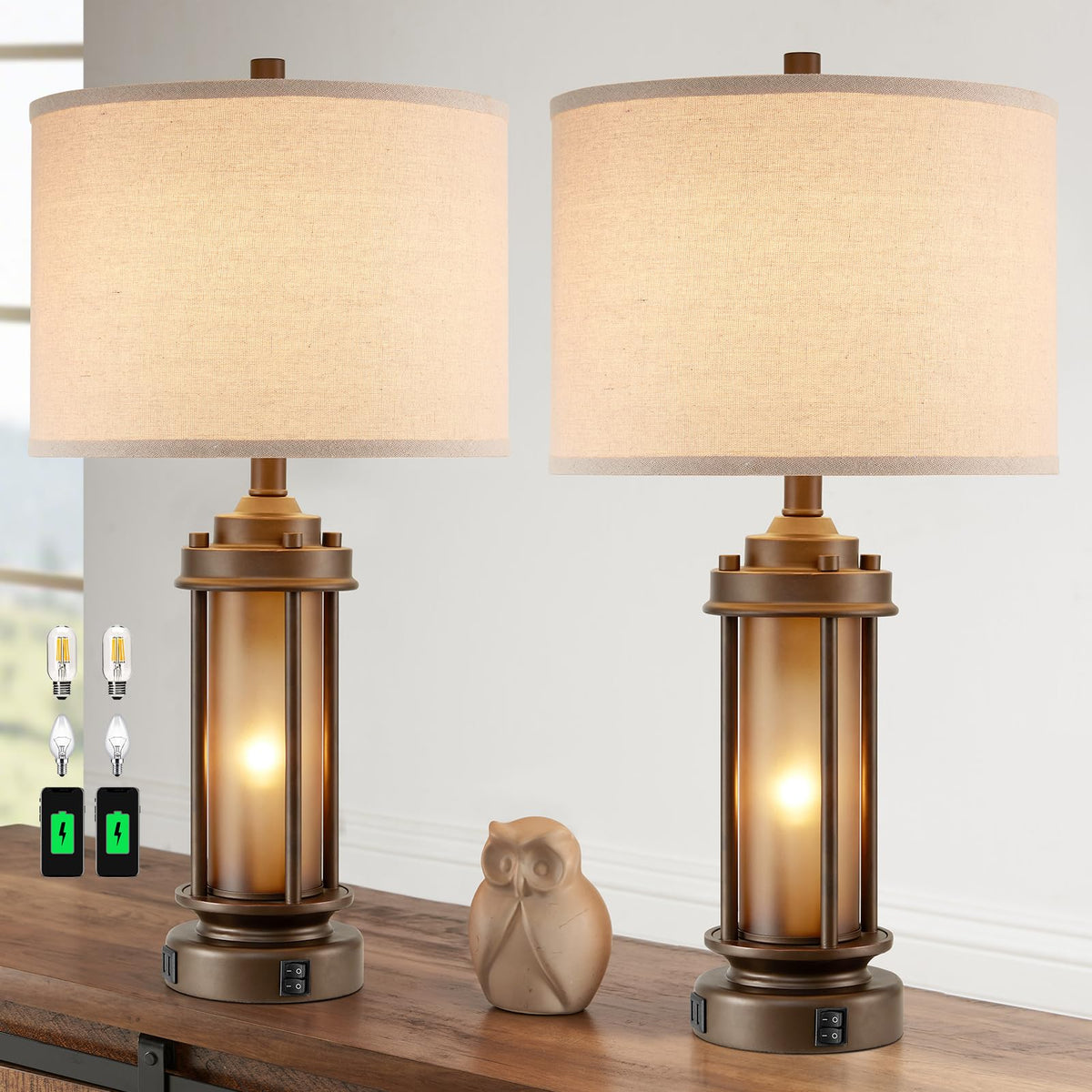 AIEAMPDO Set of 2 Farmhouse Table Lamps for Living Room with USB C+A Ports