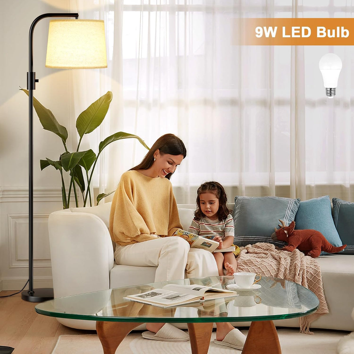 Ambimall Arc Floor Lamp for Living Room with Rotary Switch, Linen Shade