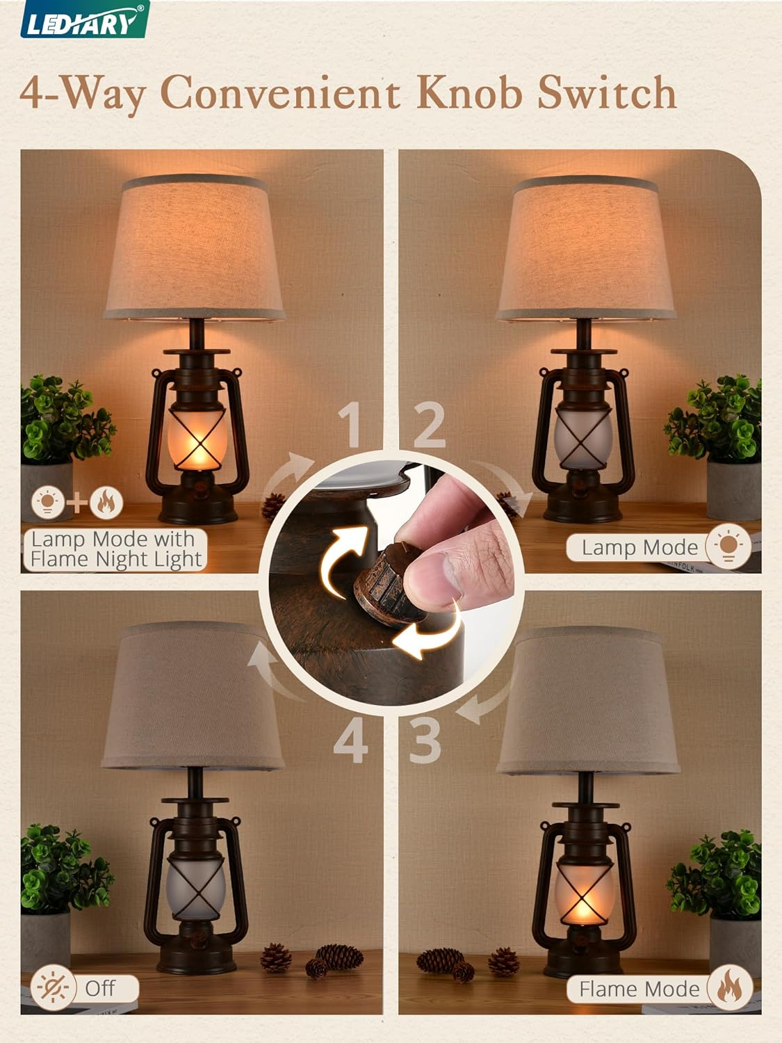 LEDIARY 18.72" LED Vintage Lantern Flickering Flame Table Lamps Set of 2
