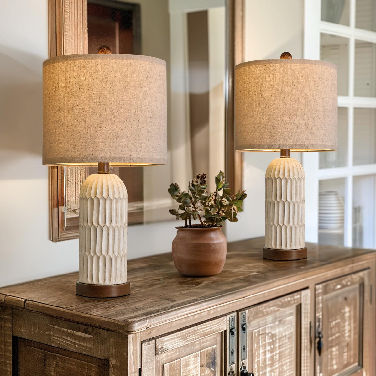 OYEARS 22" Bedside Table Lamps Set of 2, Farmhouse Lamp with USB A+C,Brown