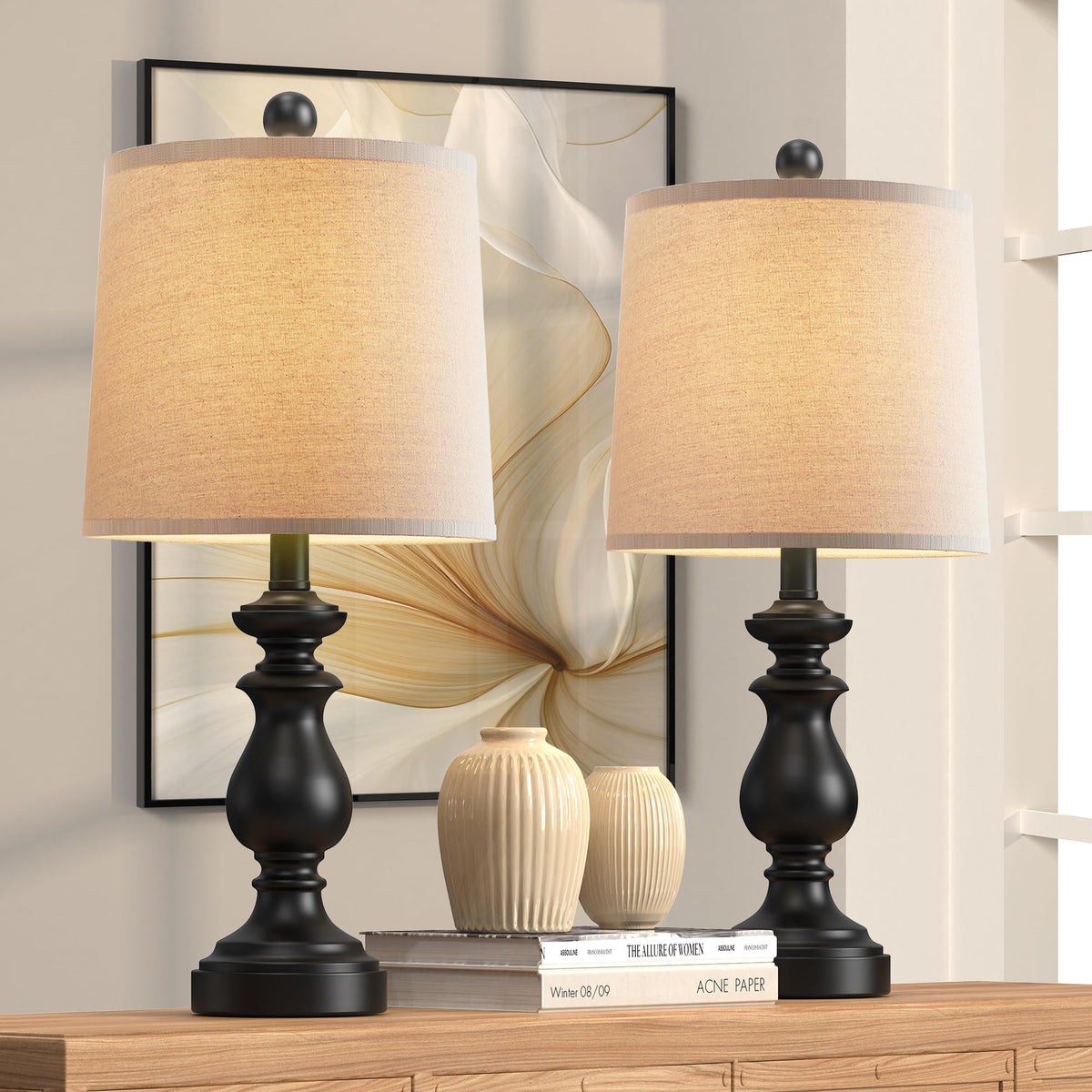 PARTPHONER Traditional Table Lamp Set of 2, Rustic Farmhouse Table Lamps for Living Room Bedroom, 22" Bedside Desk Lamps Vintage Nightstand Lamps with Linen Shades, Antique Grey