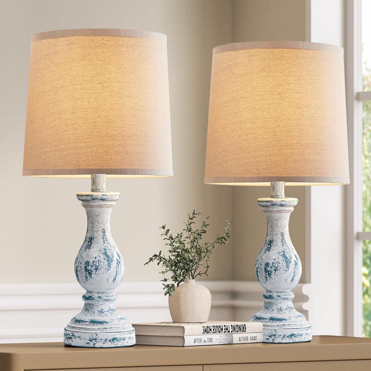 22" Farmhouse Table Lamps Set of 2, Rustic Bedside Lamps for Bedroom
