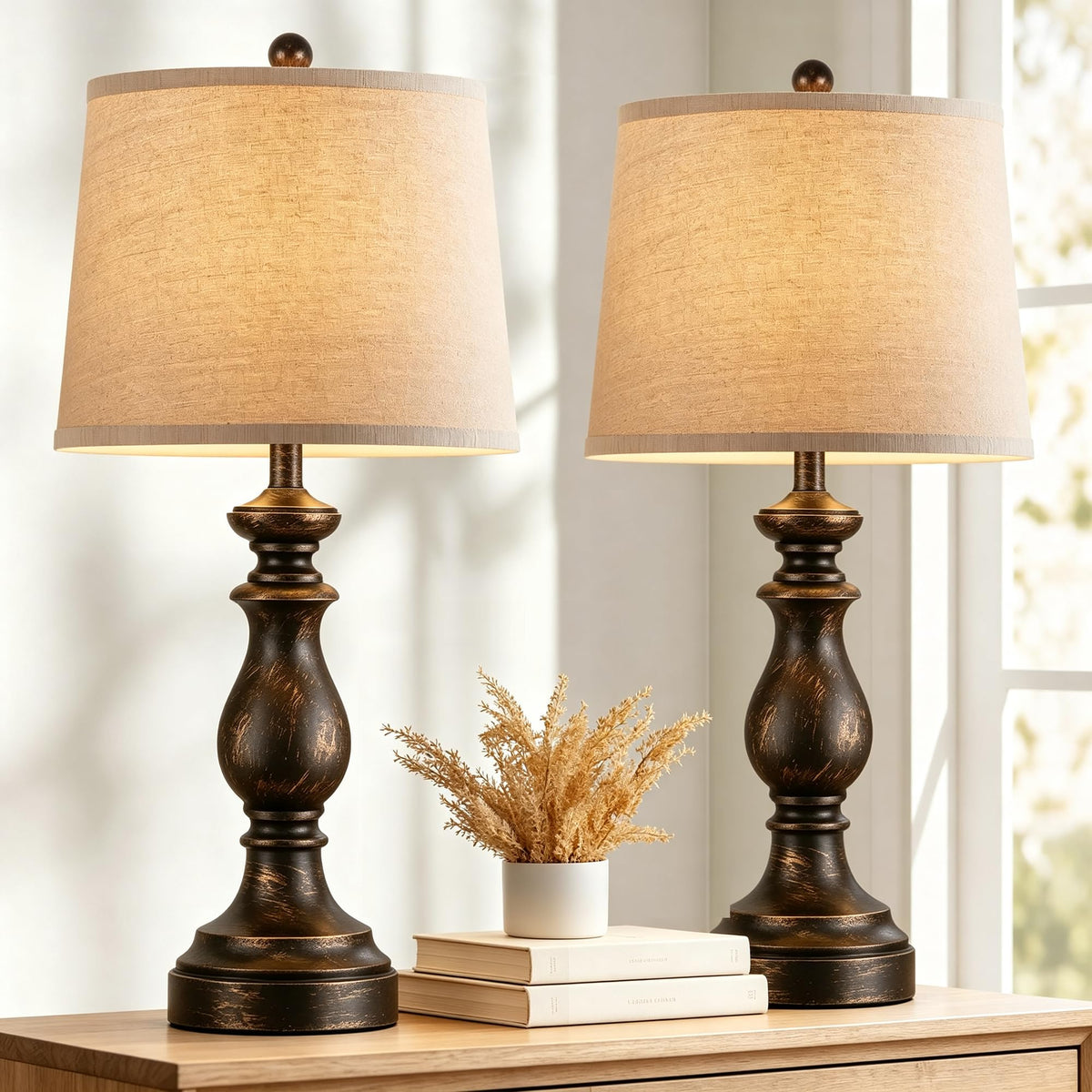 PARTPHONER Traditional Table Lamp Set of 2, Rustic Farmhouse Table Lamps for Living Room Bedroom, 22" Bedside Desk Lamps Vintage Nightstand Lamps with Linen Shades, Antique Grey
