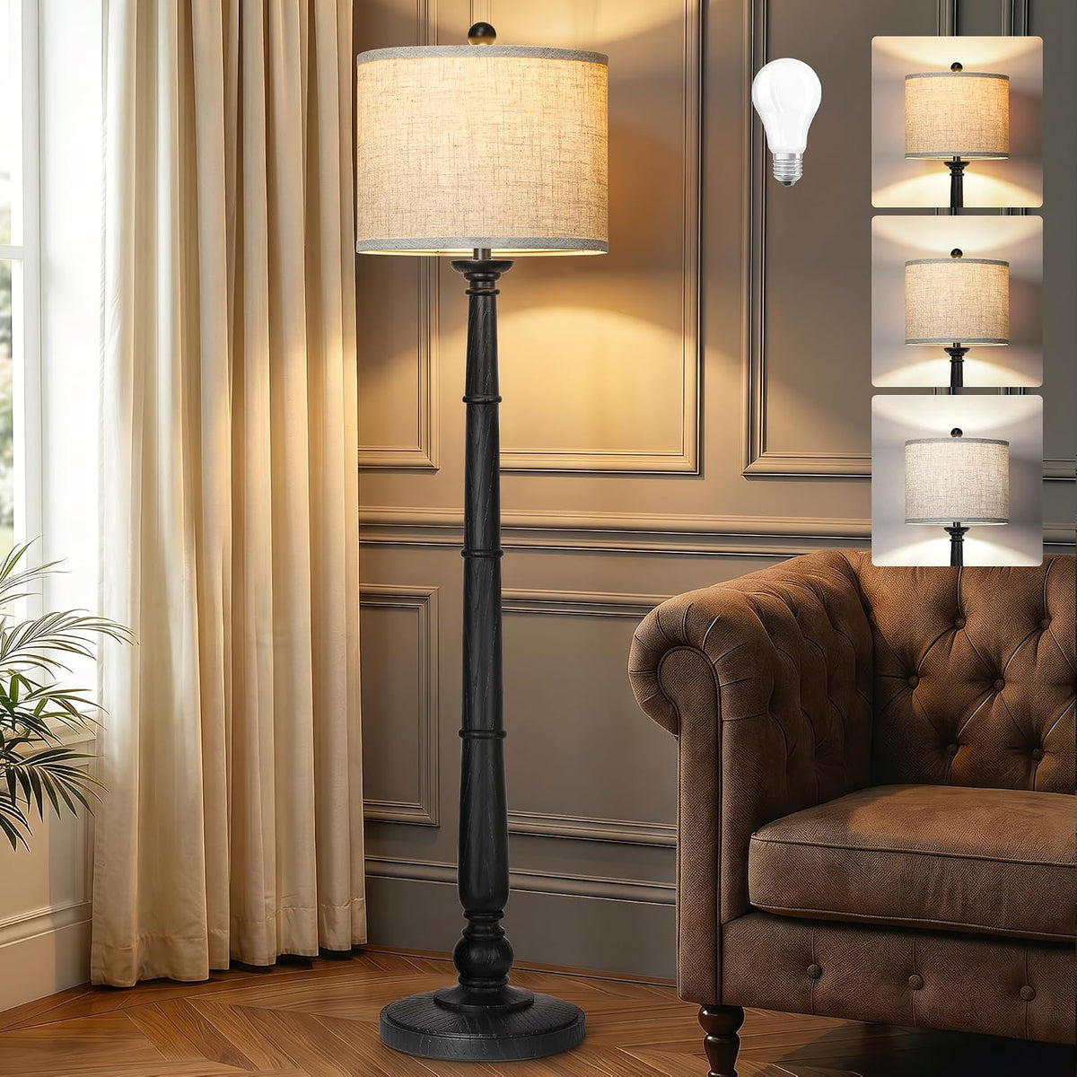 61'' Vintage Floor Lamp for Living Room, Rustic Farmhouse Tall Standing Lamp with 3 Color Temperatures, Retro Reading Pole Lamps with Linen Shade for Bedroom Office Home Decor, Black(Bulb Included)