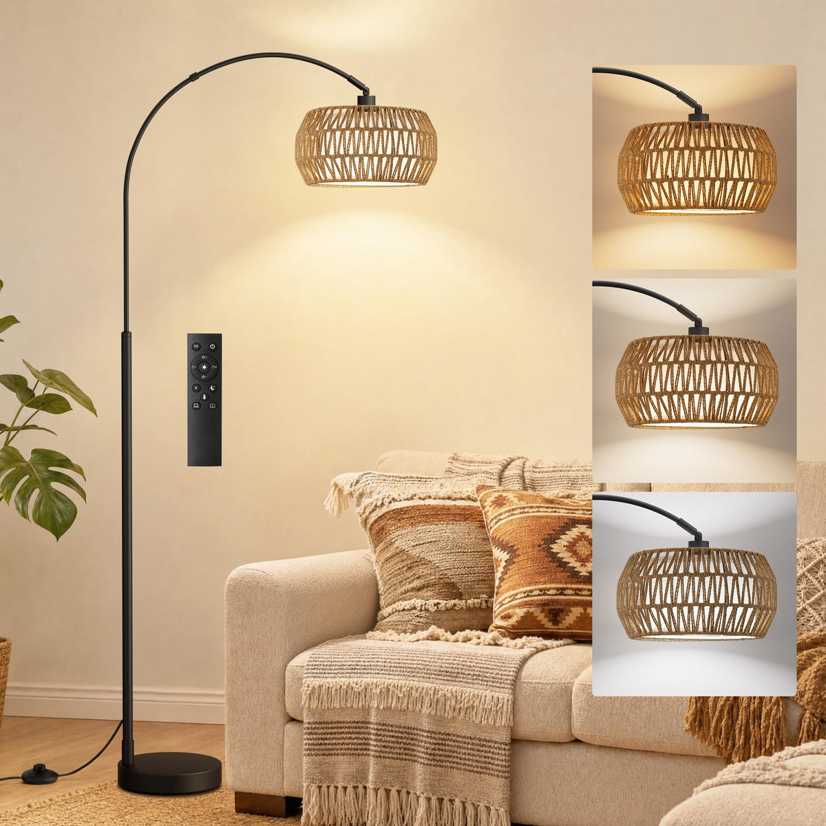 Ambimall Boho Arc Floor Lamp, Color Temperatures and Brightness Adjustable