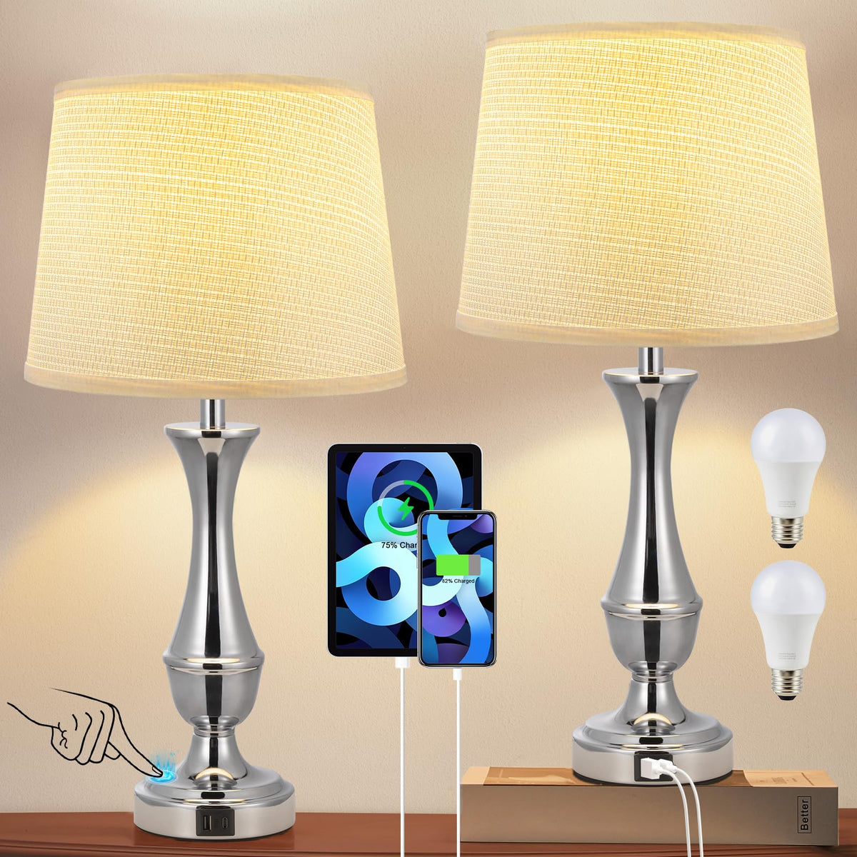 Touch Lamps for Nightstand, 3 Way Dimmable Lamps for Bedroom with USB C+A