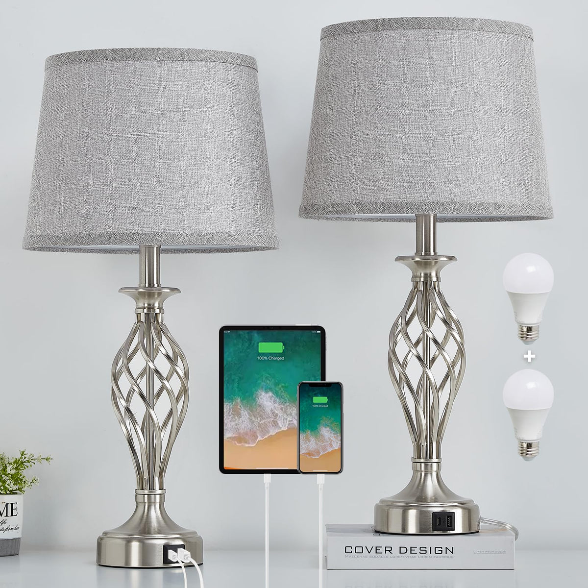 Table Lamp for Bedroom Set of 2 with USB C+A Ports,Modern Night Stand Lamps
