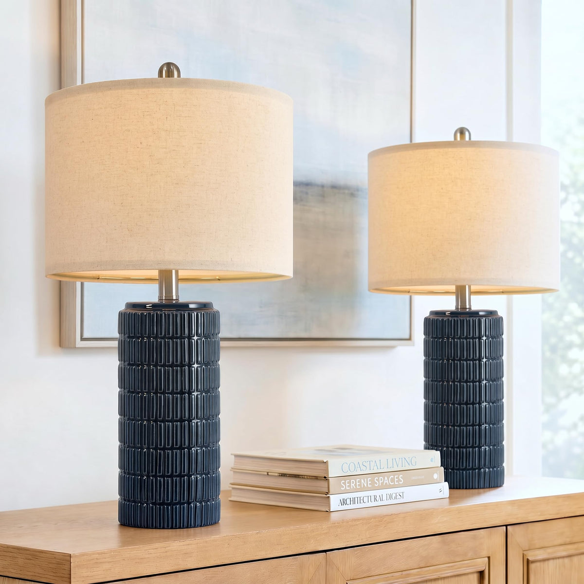PoKat 23" Modern Ceramic Table Lamp Set of 2 for Living Room Bedroom, White