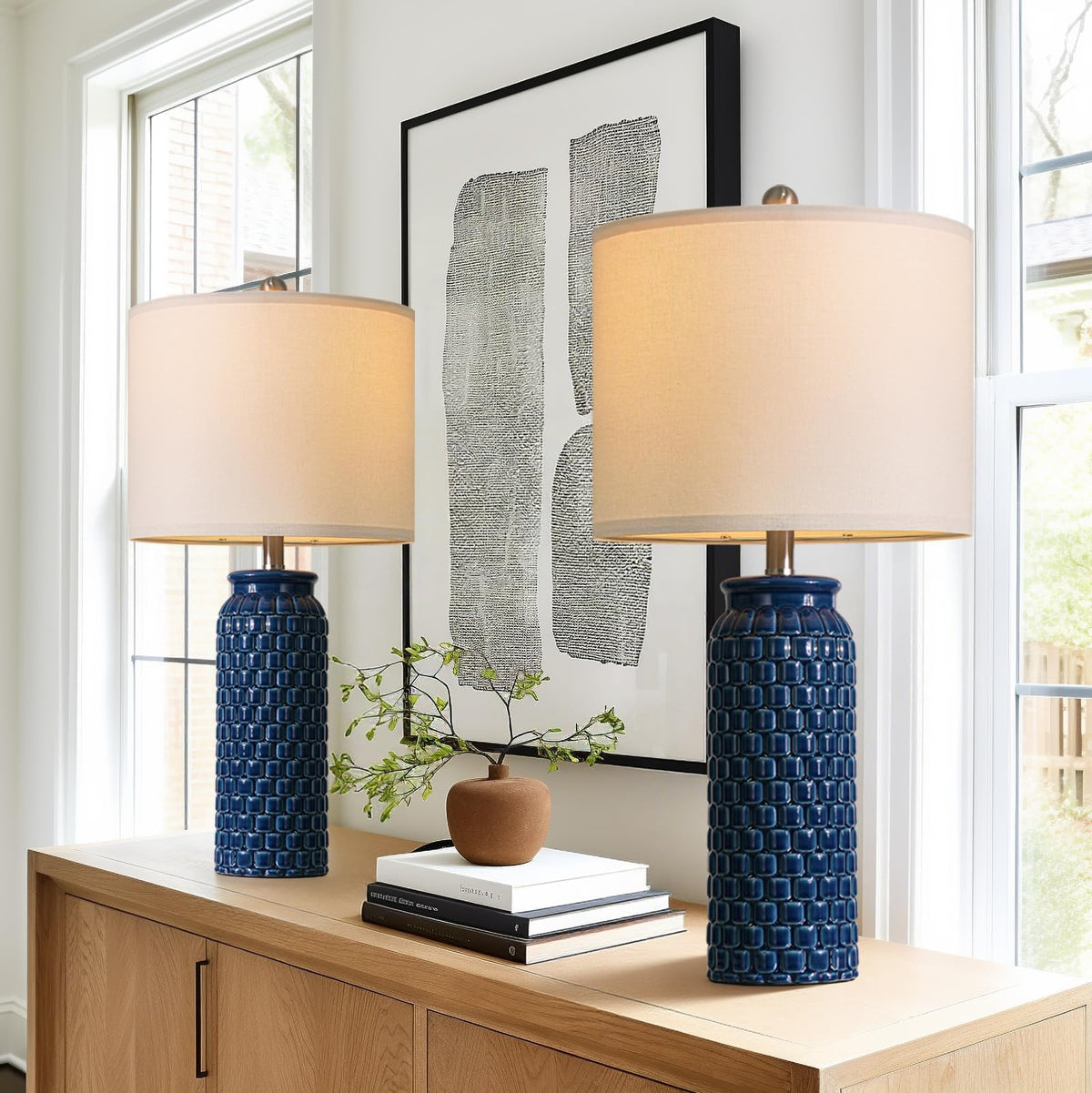 USumkky 20.5" White Modern Ceramic Bedside Lamps Set of 2, Small Table Lamp for Bedroom Decor Farmhouse Nightstand Lamp for Living Room Office