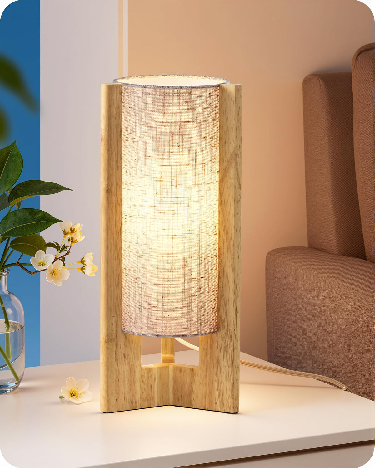 EDISHINE 13.5" Small Table Lamp, Walnut Wood Cylinder Nightstand Lamp, E26