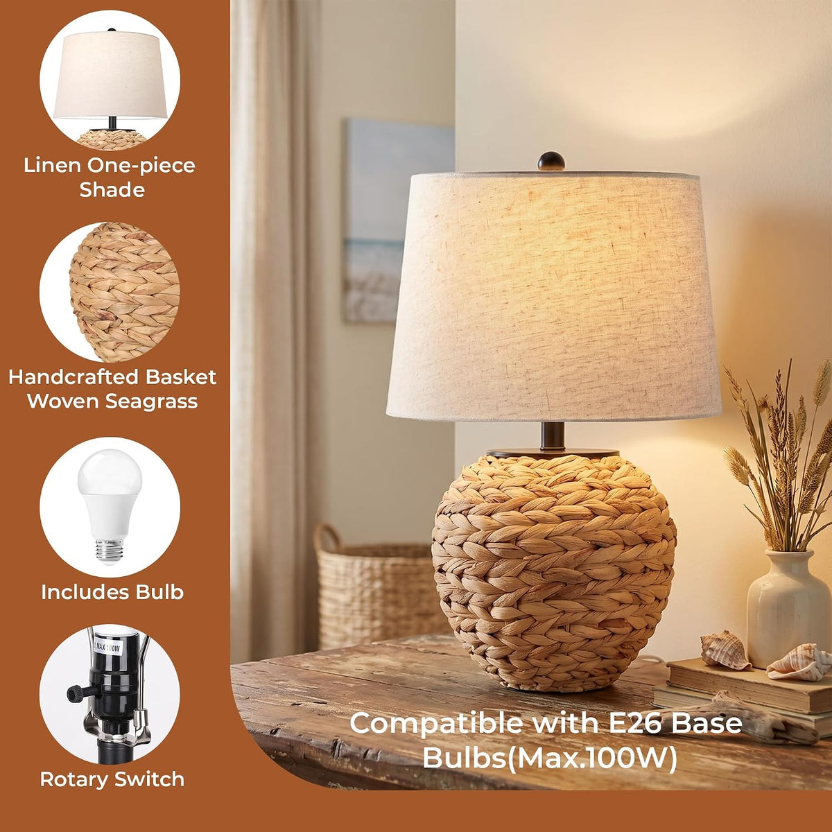 PARTPHONER 23’’ Rattan Table Lamp with Natural Woven Water Hyacinth Basket Base & Linen Drum Shade, Boho Farmhouse Bedside Lamp for Living Room Bedroom, Includes 3-Color Temperature LED Bulb