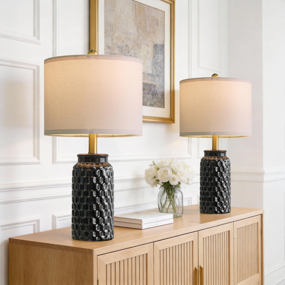 USumkky 20.5" White Modern Ceramic Bedside Lamps Set of 2, Small Table Lamp for Bedroom Decor Farmhouse Nightstand Lamp for Living Room Office