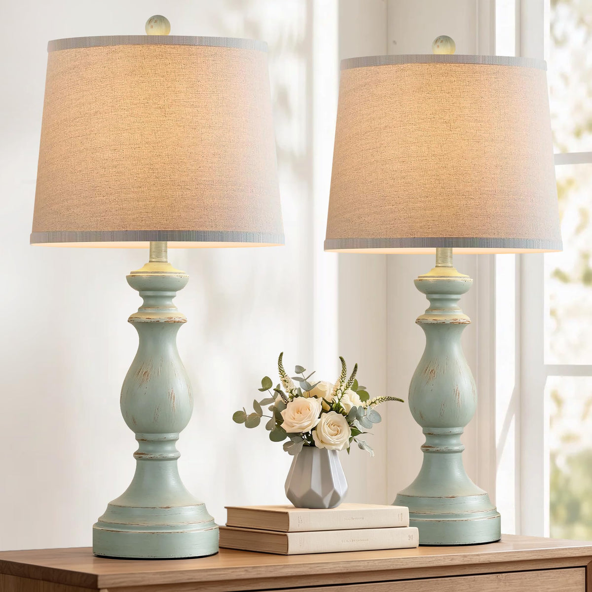 PARTPHONER Traditional Table Lamp Set of 2, Rustic Farmhouse Table Lamps for Living Room Bedroom, 22" Bedside Desk Lamps Vintage Nightstand Lamps with Linen Shades, Antique Grey