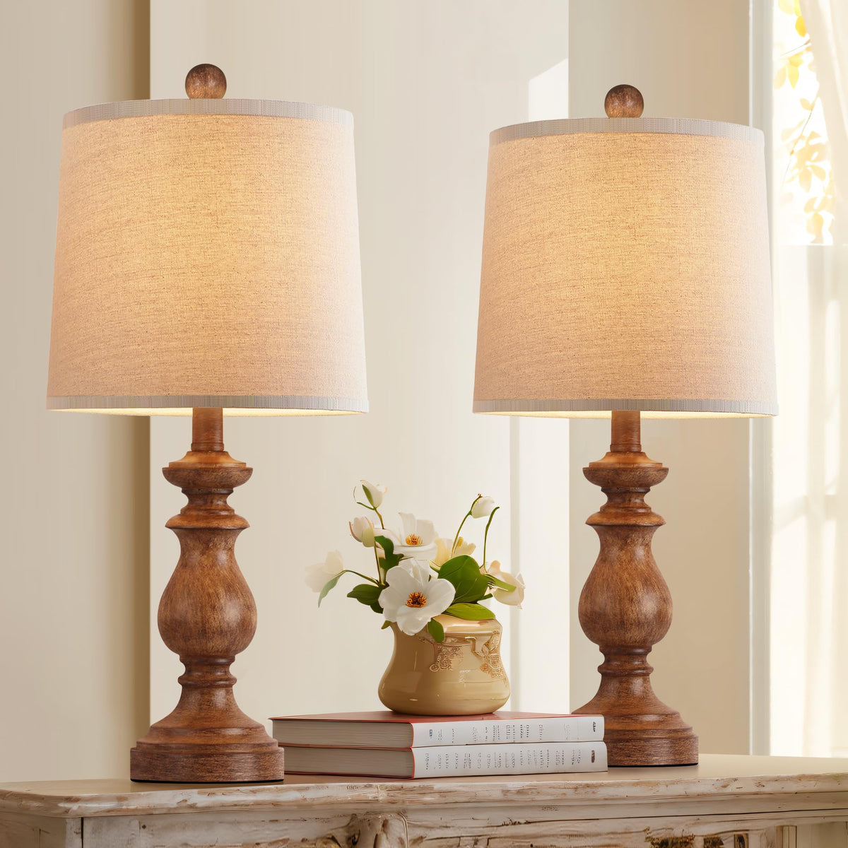 PARTPHONER Traditional Table Lamp Set of 2, Rustic Farmhouse Table Lamps for Living Room Bedroom, 22" Bedside Desk Lamps Vintage Nightstand Lamps with Linen Shades, Antique Grey