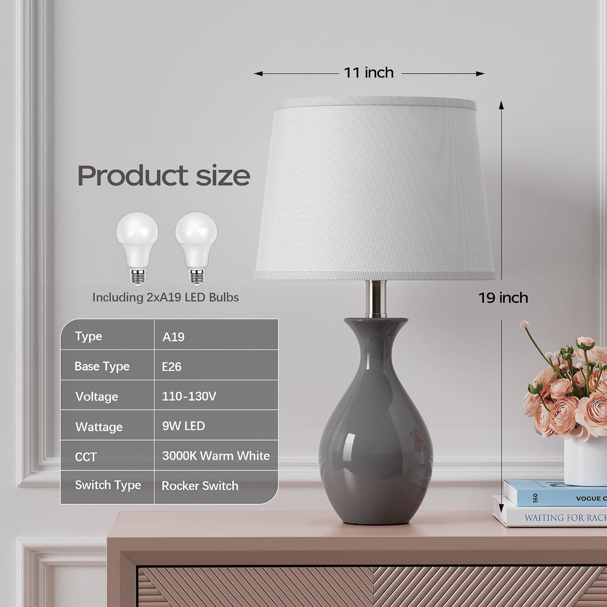 PARTPHONER Table Lamp Set of 2, Modern Ceramic Bedside Lamps for Night Stands, Classic Small Lamp Nightstand Lamp for Bedroom Living Room Desk End Table Rocker Swtich Grey