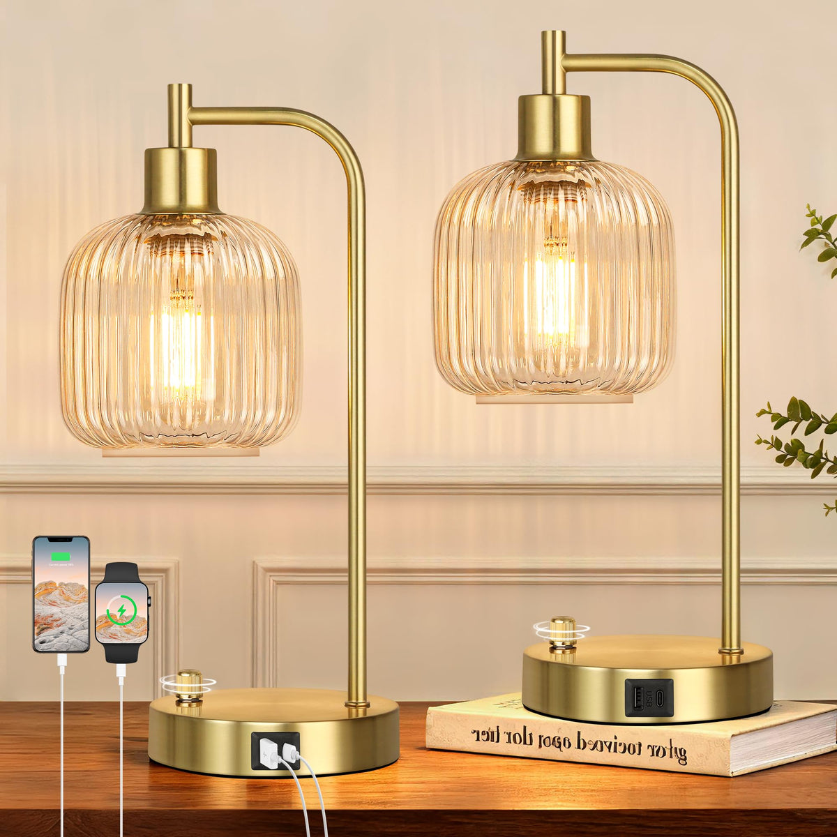 Green Glass Table Lamps Set of 2, Dimmable Bedside Lamps for Living Room