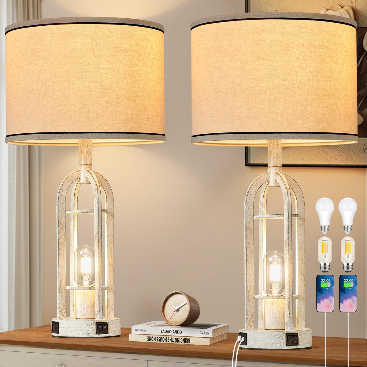 SRJJA 24" Farmhouse Table Lamps for Living Room Bedroom Set of 2, USB A+C