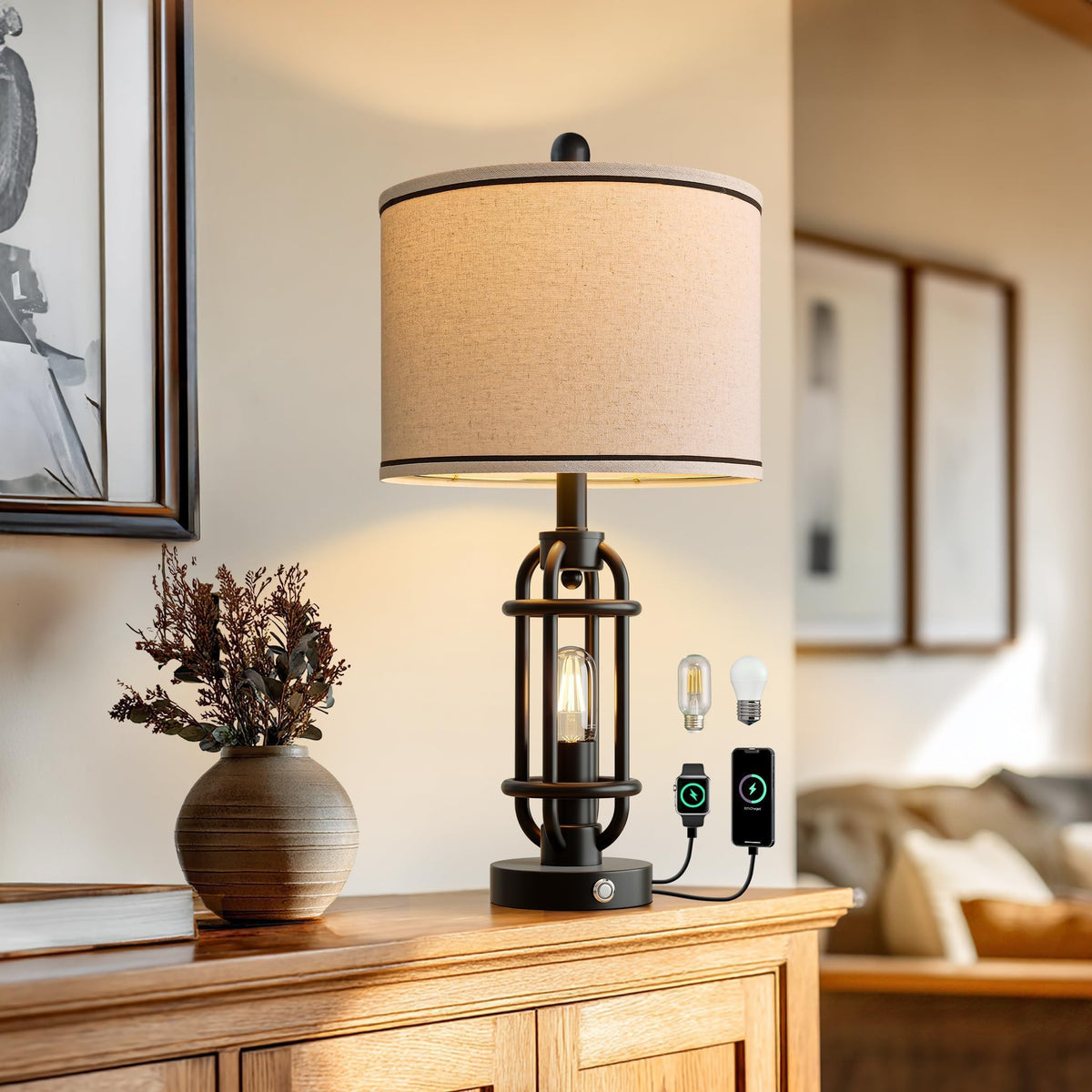 23.75" Retro Farmhouse Black Table Lamp for Living Room Bedroom Nightstand