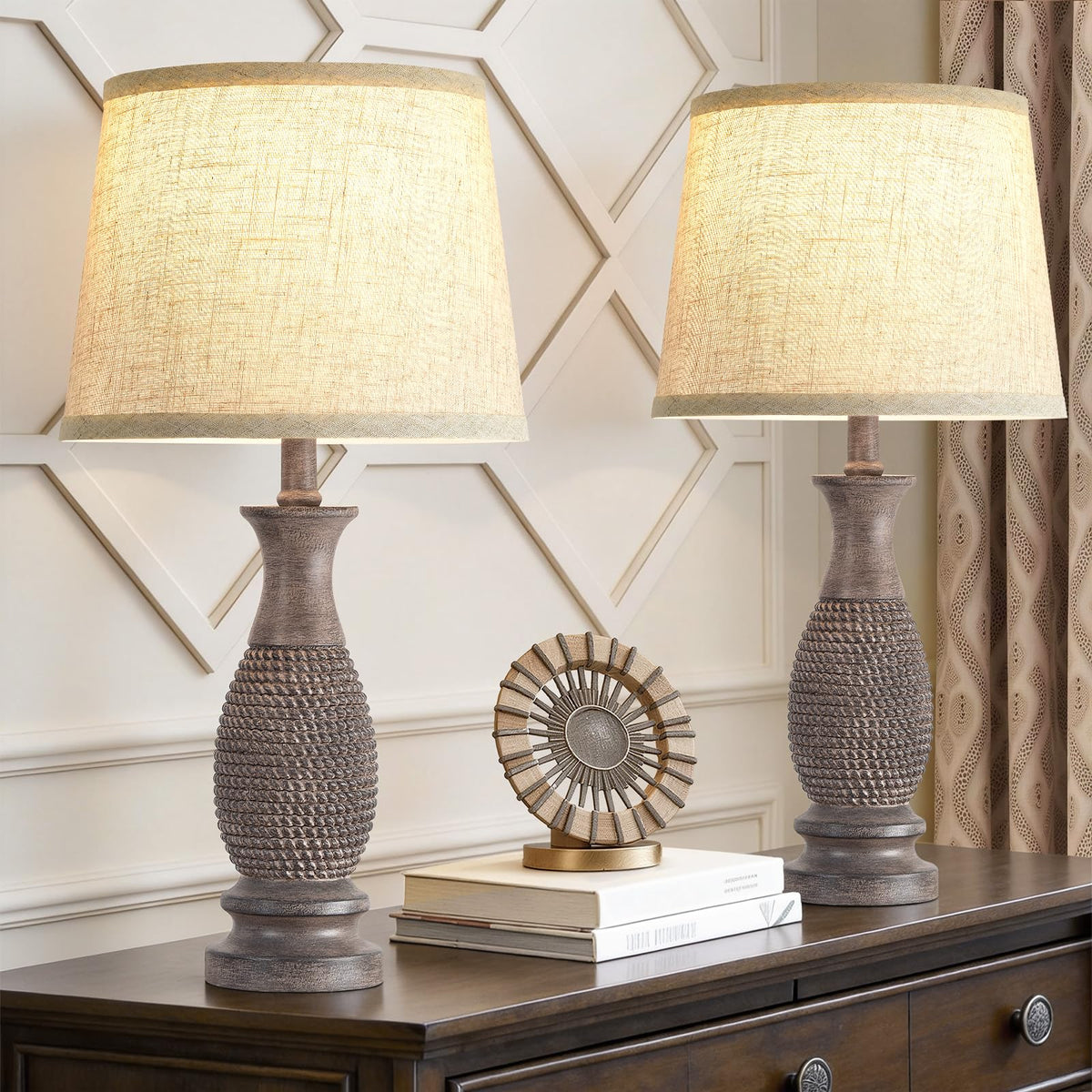 21.6" Table Lamps Set of 2, Resin Farmhouse Bedside Lamps for Bedroom Cream