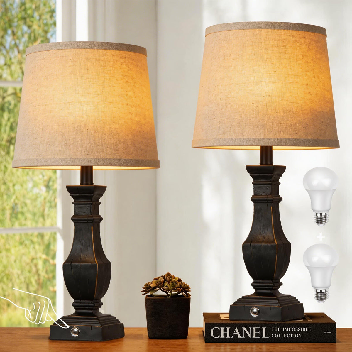 ROTTOGOON Dimmable Table Lamps Set of 2, Rustic Farmhouse Table Lamps for Living Room Bedroom, Bedside Desk Lamps for end Tables, Touch Lamps for nightstand, 9W Bulbs Included, 22", Brown