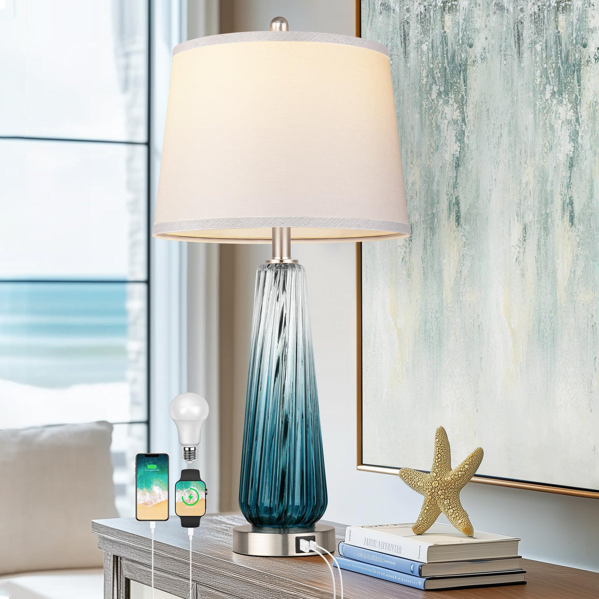 Table Lamps Set of 2 with Touch Control, Modern Glass Bedside Lamps with USB A+C Ports, 3-Way Dimmable Nightstand Lamp with White Fabric Shade, 27.5" Large Lamps for Living Room Bedrooms Decorations
