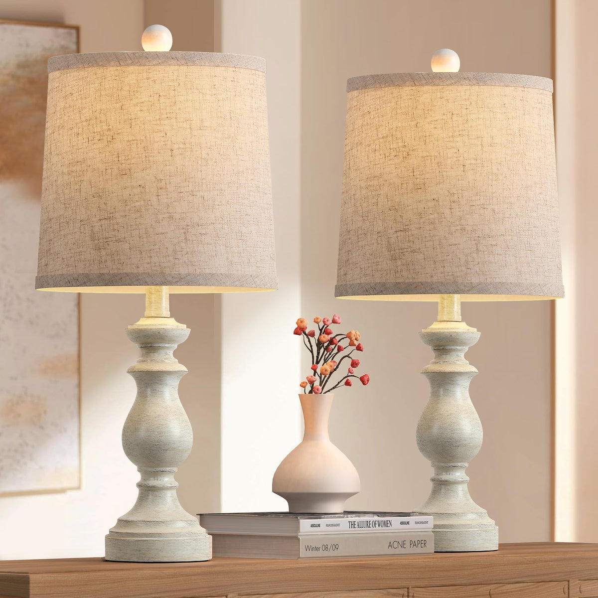 PARTPHONER Traditional Table Lamp Set of 2, Rustic Farmhouse Table Lamps for Living Room Bedroom, 22" Bedside Desk Lamps Vintage Nightstand Lamps with Linen Shades, Antique Grey
