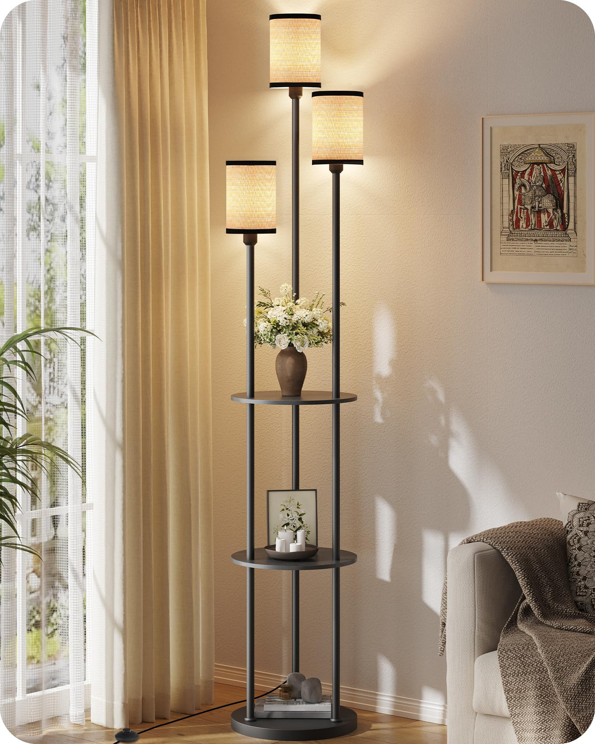 70.9" Floor Lamp with Shelves, Modern Floor Lamp with 3 Linen Shades and Foot Switch, 3-Light Standing Lamp, for Living Room, Bedroom, Study, Office, Rustic Brown and Beige EF53LD05