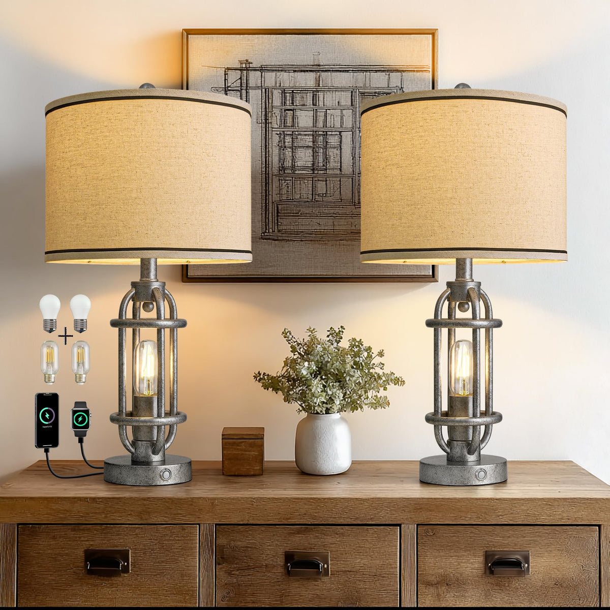 23.75" Retro Farmhouse Black Table Lamp for Living Room Bedroom Nightstand