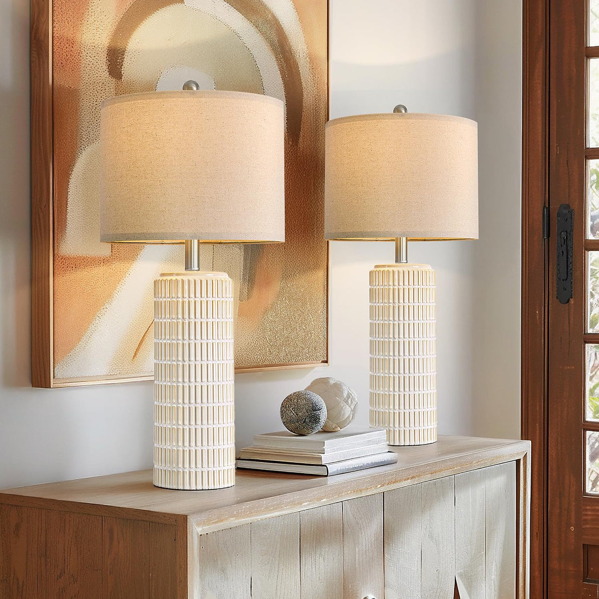 PoKat 23" Modern Ceramic Table Lamp Set of 2 for Living Room Bedroom, White