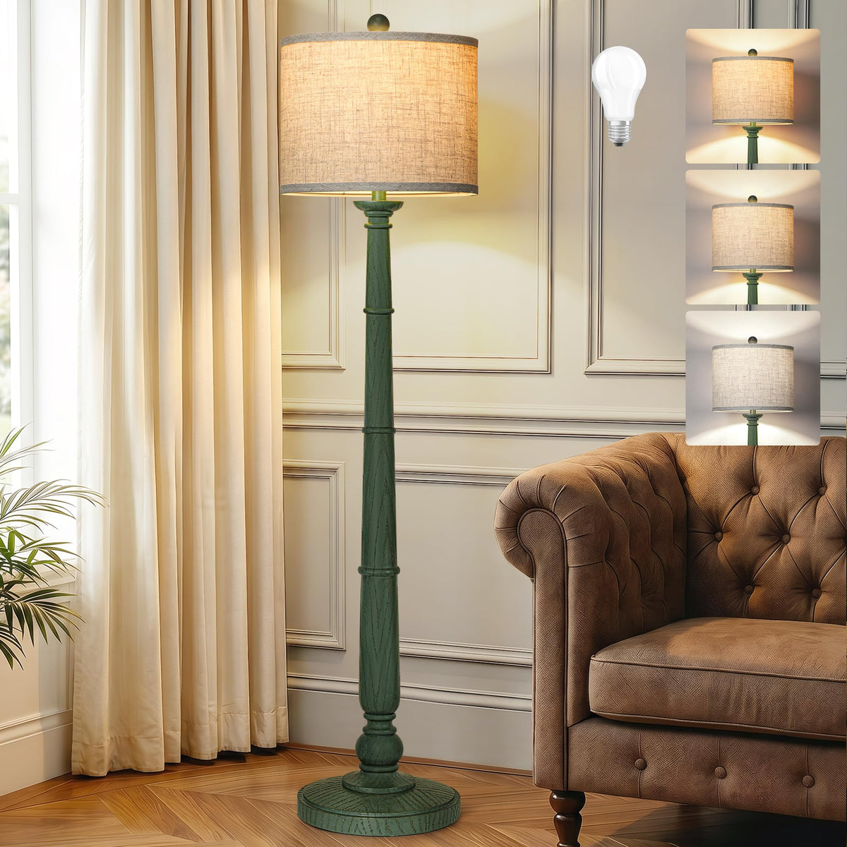 61'' Vintage Floor Lamp for Living Room, Rustic Farmhouse Tall Standing Lamp with 3 Color Temperatures, Retro Reading Pole Lamps with Linen Shade for Bedroom Office Home Decor, Black(Bulb Included)