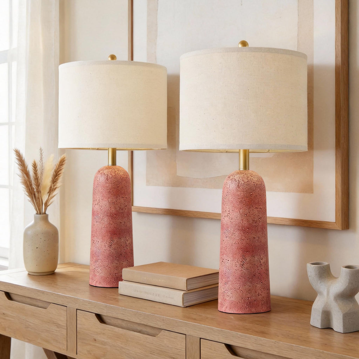 BOBOMOMO Modern Table Lamp Set of 2, Warm Beige Resin Lamp with Natural Stone Look, 27.25" Lamps for Living Room with Linen Shades, Bedside Lamp for Bedroom, Living Room, Nightstand, Entryway