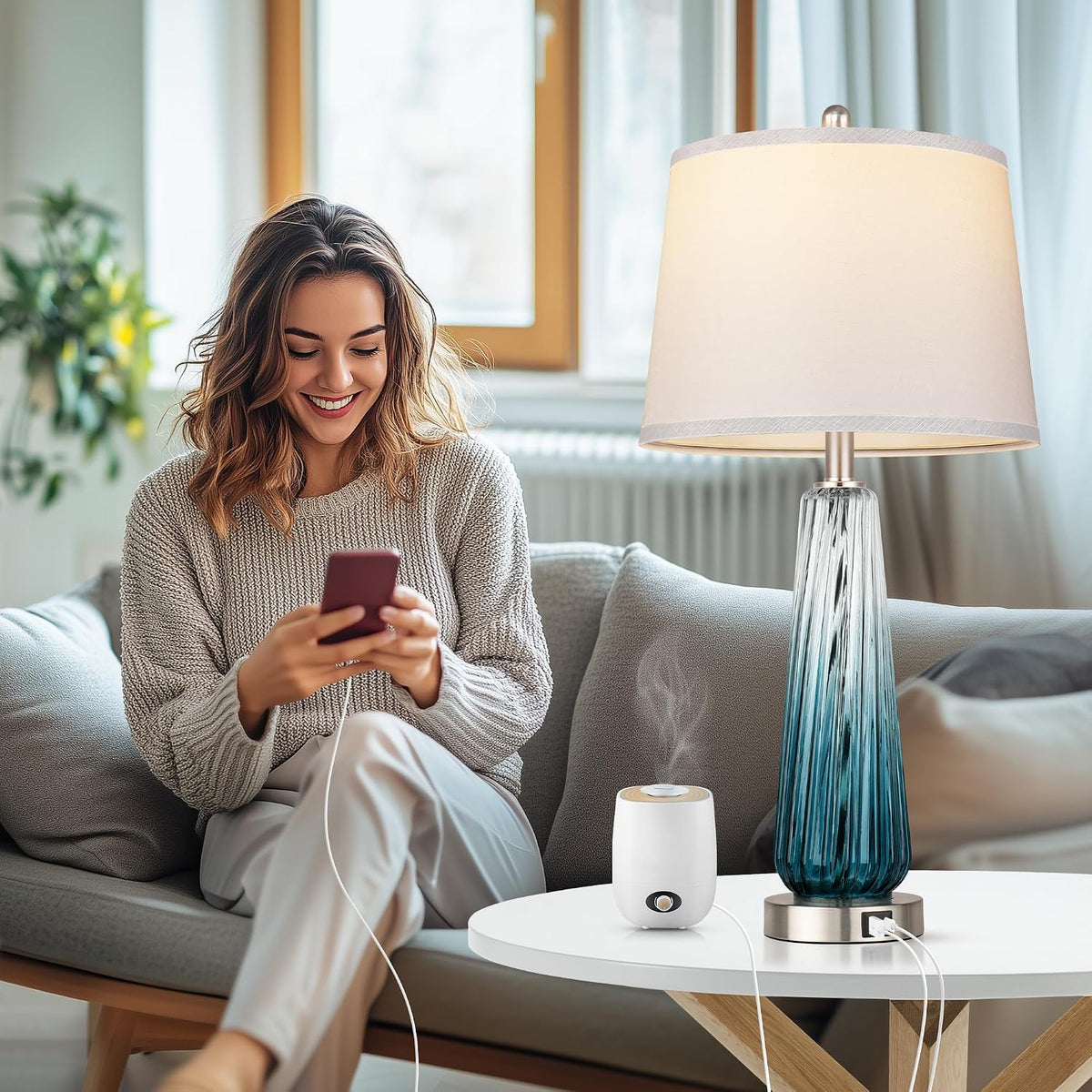 Table Lamps Set of 2 with Touch Control, Modern Glass Bedside Lamps with USB A+C Ports, 3-Way Dimmable Nightstand Lamp with White Fabric Shade, 27.5" Large Lamps for Living Room Bedrooms Decorations