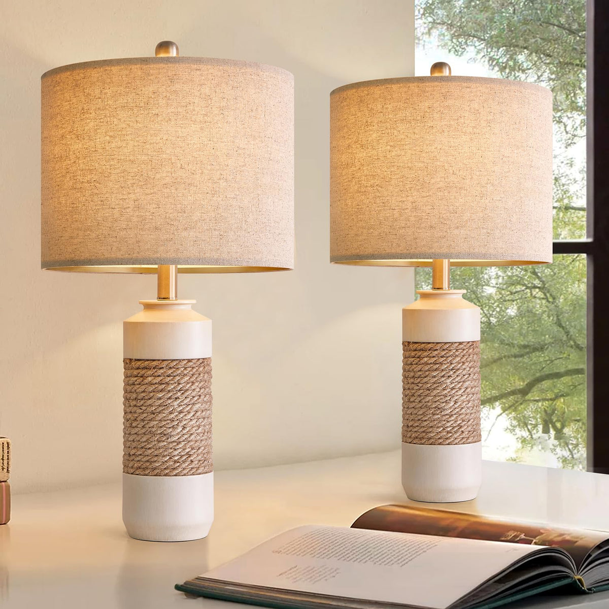 OYEARS 19” Boho Table Lamps Bedroom Living Room,Suitable for Small Space,Farmhouse Rattan Lamp Rustic Egg Design Resin Nightstand Bedside Lamps for Bedroom Living Room Office Study Rest Decor