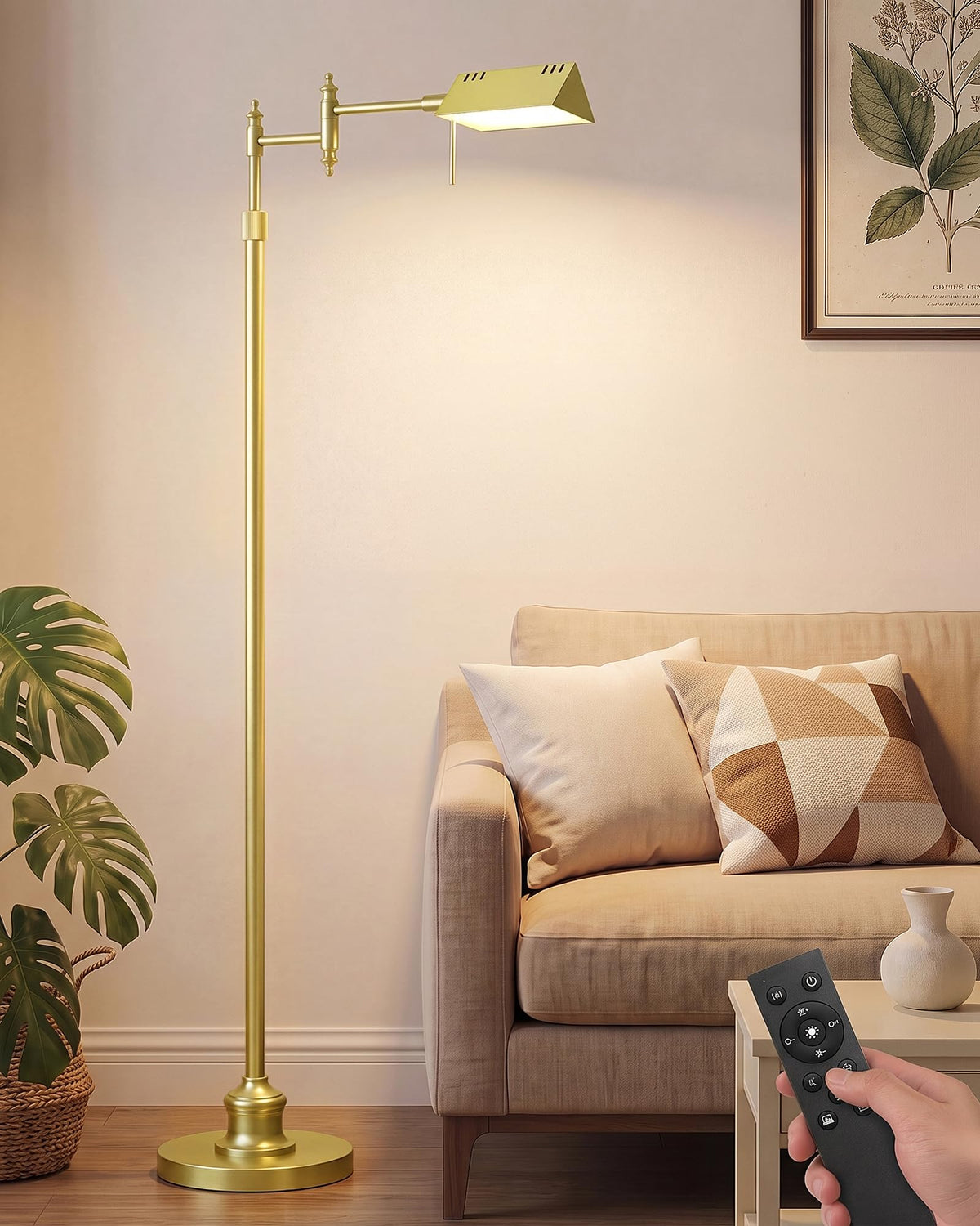 Bairth Gold Reading Floor Lamp, Dimmable Pharmacy Standing Lamp with Remote