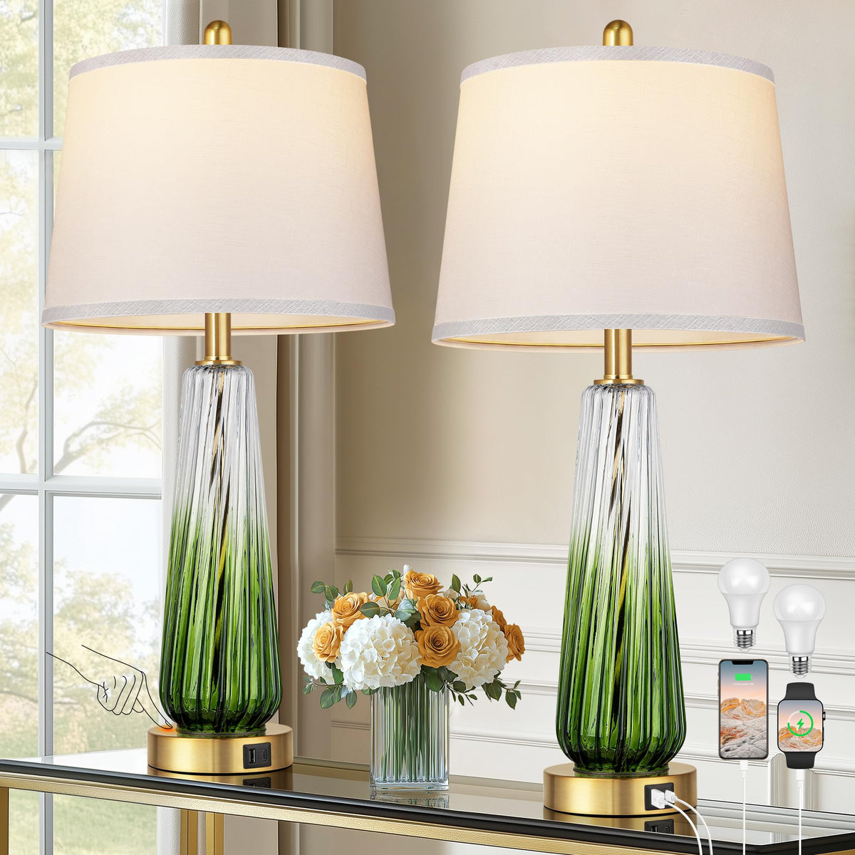 Table Lamps Set of 2 with Touch Control, Modern Glass Bedside Lamps with USB A+C Ports, 3-Way Dimmable Nightstand Lamp with White Fabric Shade, 27.5" Large Lamps for Living Room Bedrooms Decorations