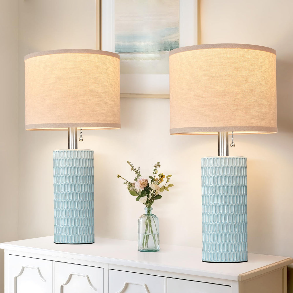 Reaketon 20.5”Modern Ceramic Table Lamps for Bedroom Set of 2, Dark Blue