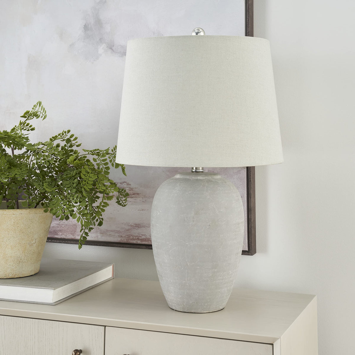 Nourison Home 23" Natural White Ceramic Jar Table Lamp for Bedroom, Living Room, Dining Office, with Off-White Shade