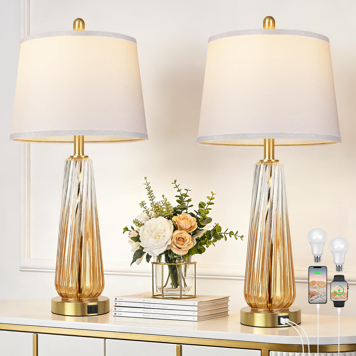 Table Lamps Set of 2 with Touch Control, Modern Glass Bedside Lamps with USB A+C Ports, 3-Way Dimmable Nightstand Lamp with White Fabric Shade, 27.5" Large Lamps for Living Room Bedrooms Decorations