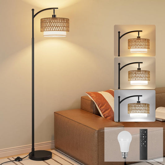 Ambimall Arc Floor Lamp with Remote & Rattan Double Shades, Black Rustic
