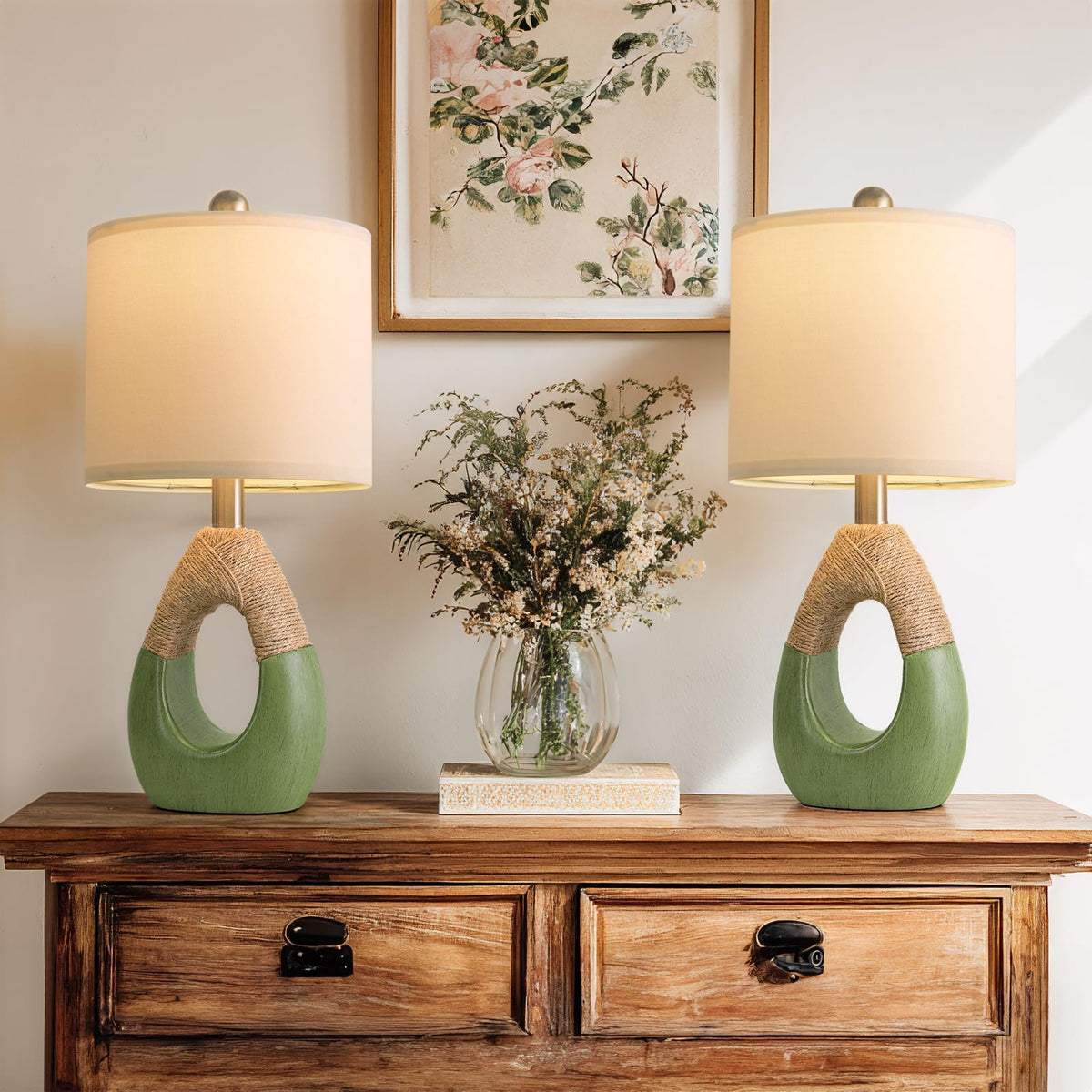 OYEARS 19” Boho Table Lamps Bedroom Living Room,Suitable for Small Space,Farmhouse Rattan Lamp Rustic Egg Design Resin Nightstand Bedside Lamps for Bedroom Living Room Office Study Rest Decor