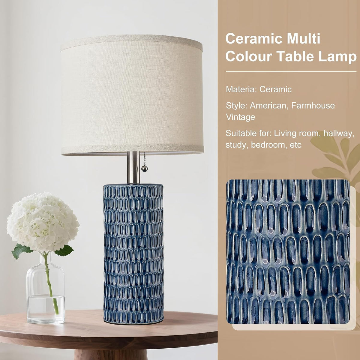 Reaketon 20.5”Modern Ceramic Table Lamps for Bedroom Set of 2, Dark Blue