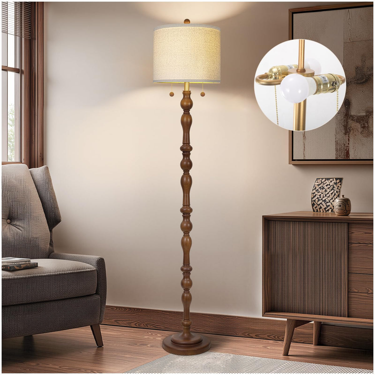 Scenekoy 65.5" Natural Real Wood Boho Floor Lamp for Living Room Bedroom