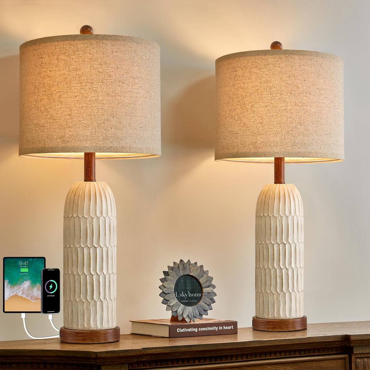 OYEARS 22" Bedside Table Lamps Set of 2, Farmhouse Lamp with USB A+C,Brown